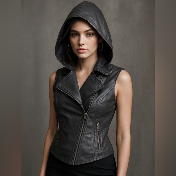 RUNWAY NY Sample Genuine Leather Hooded Vest Moto Jacket Zip Up Lined Black S - Picture 1 of 9
